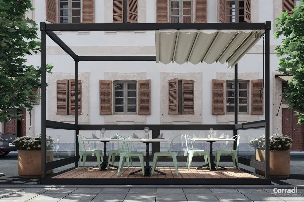 Exyl Espresso pergola nera autoportante con movimentazione manuale