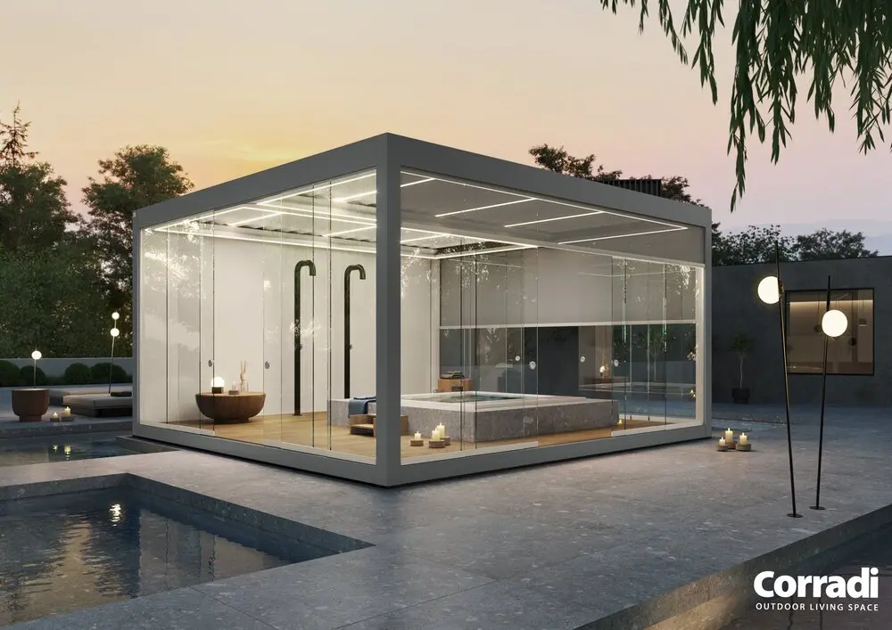 Imago® Pergola Bioclimatica struttura autonoma con chiusure in vetro e luci a led